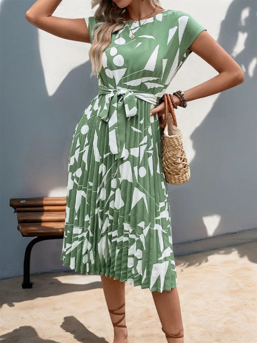 Perfee Tied Pleated Printed Cap Sleeve Dress for Women - Love Salve